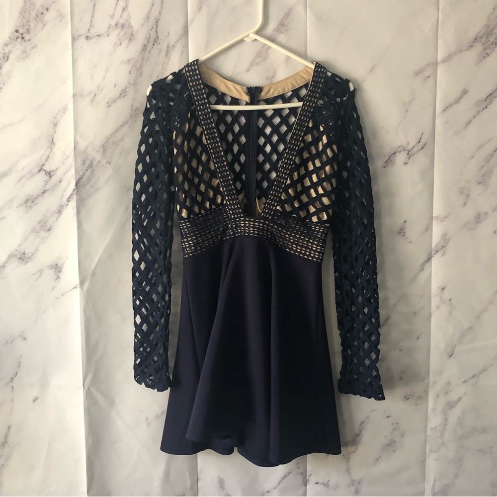 CLUB L - NAVY BLUE CUTOUT DETAIL DEEP V MINI DRESS UK10 / US WOMENS SMALL